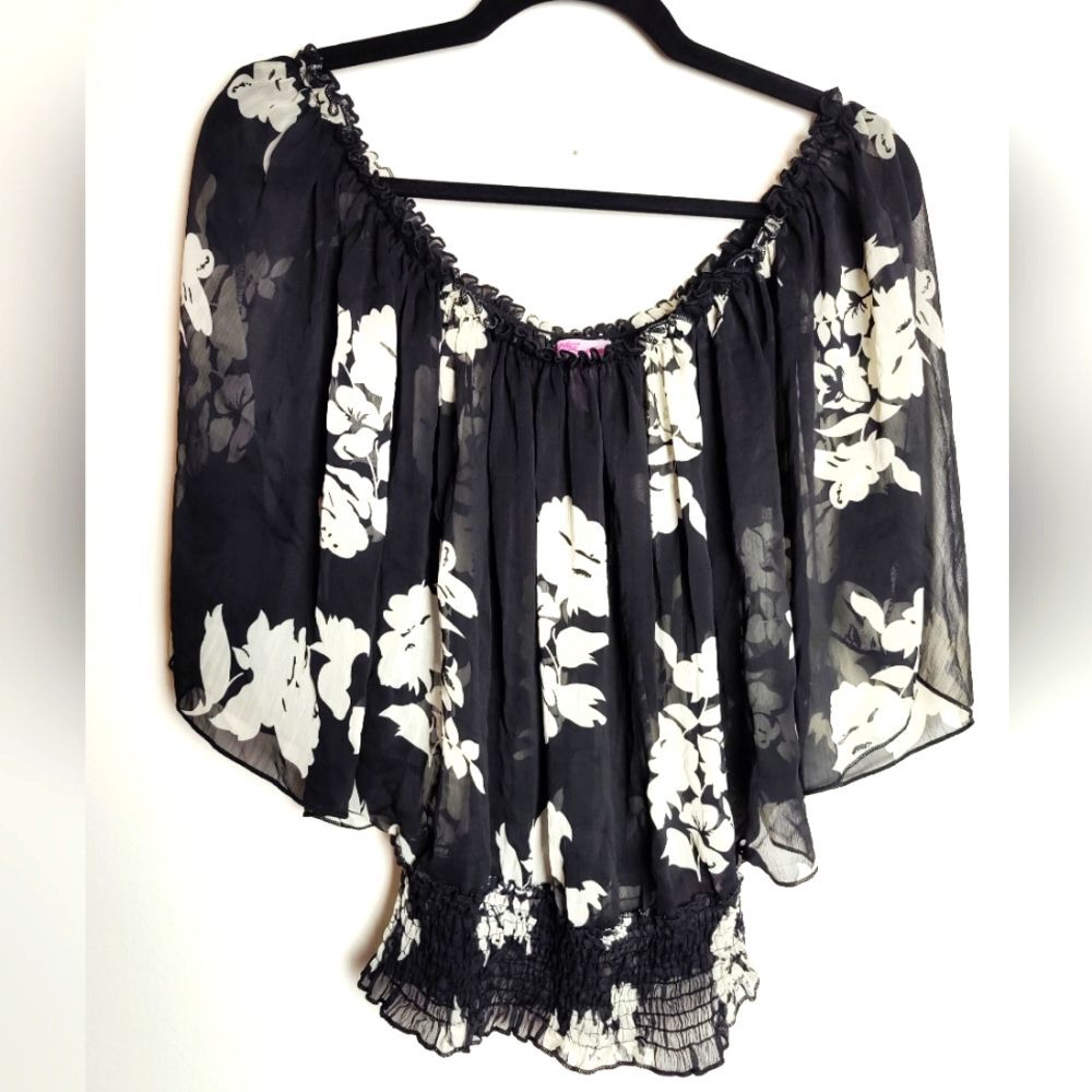 Ultra Pink Sheer Black Floral Off Shoulder Batwing Sleeve Blouse, Size M